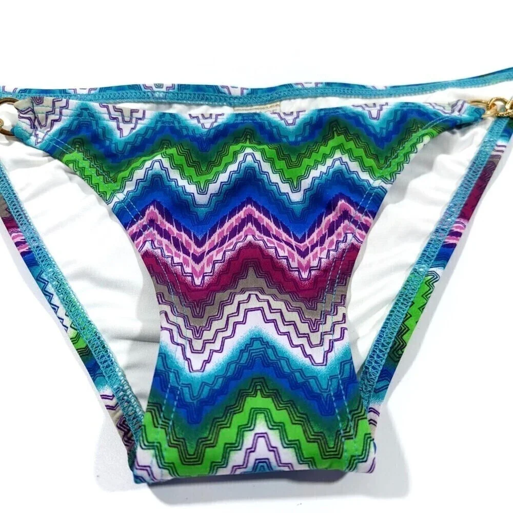 NEW L*Space Rope Chain Strape Bikini Bottom Blue Green Boho Chevron Print Small